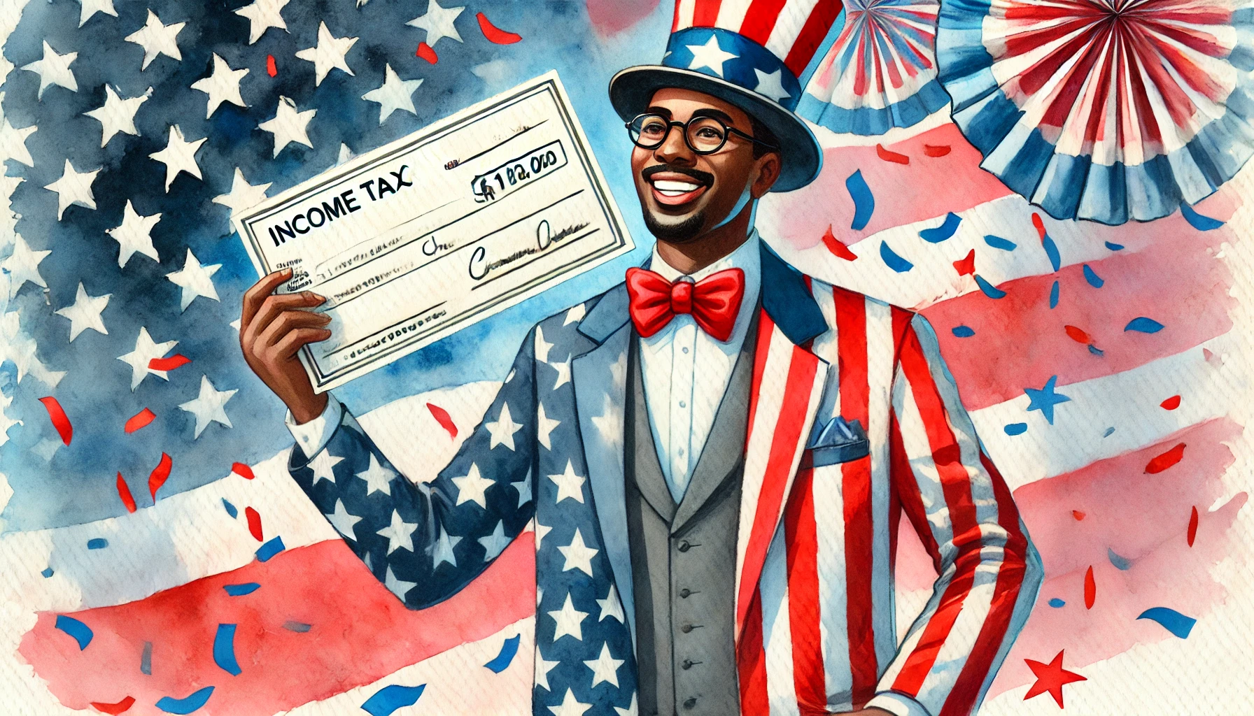 Black man in an American flag suit, proudly holding a large income tax check.
The scene is vibrant with a patriotic theme,