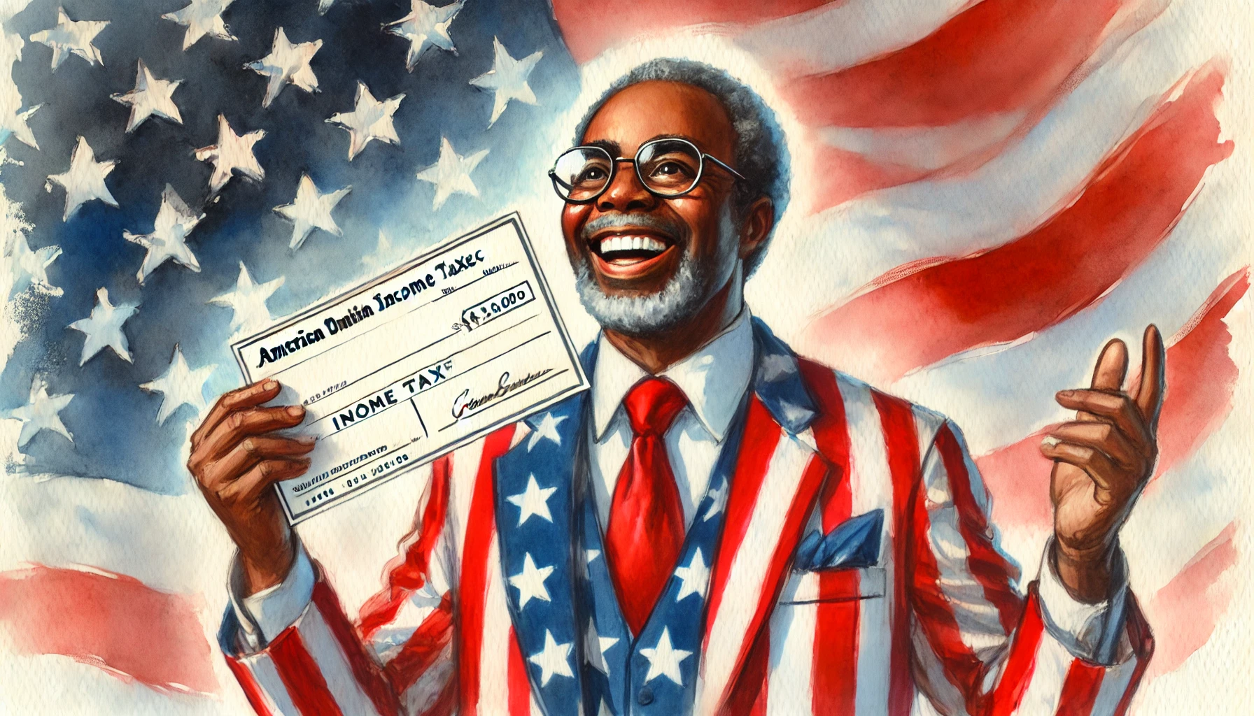 picture of a proud Black uncle wearing an American flag suit , holding a large income tax check