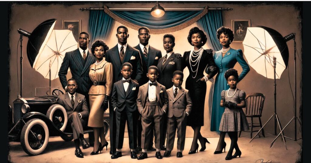 A wealthy Black family posing for a formal family photo in the 1950s, painted in a watercolor style. The family consists of well-dressed parents and children in elegant 1950s fashion