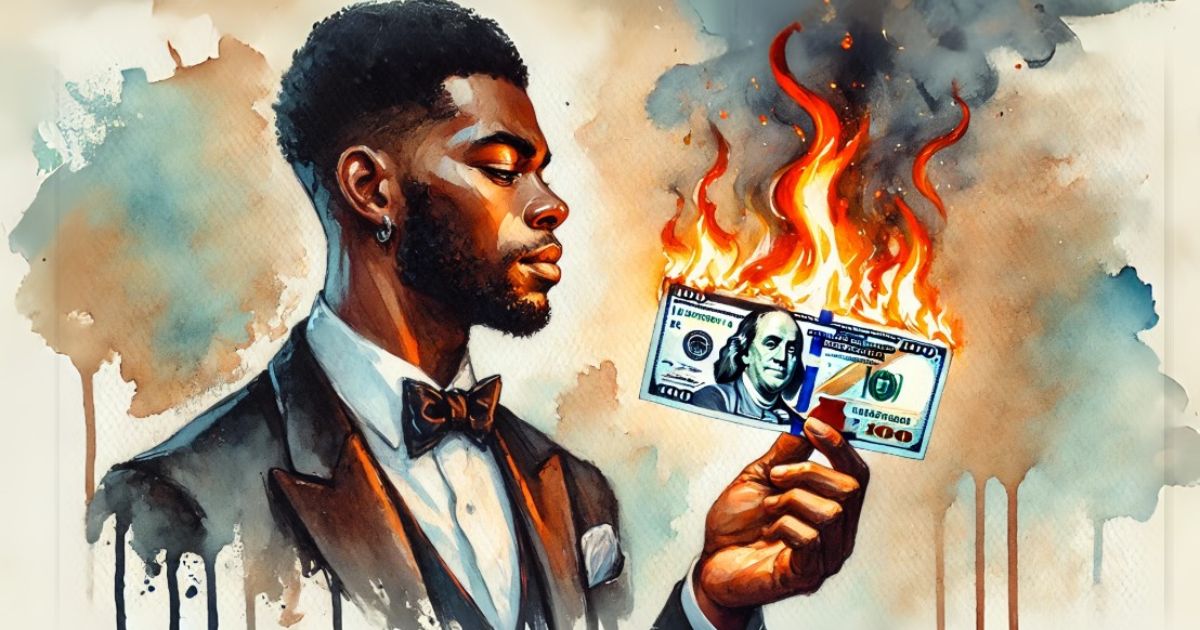 man looking at a 100 dollar bill burn