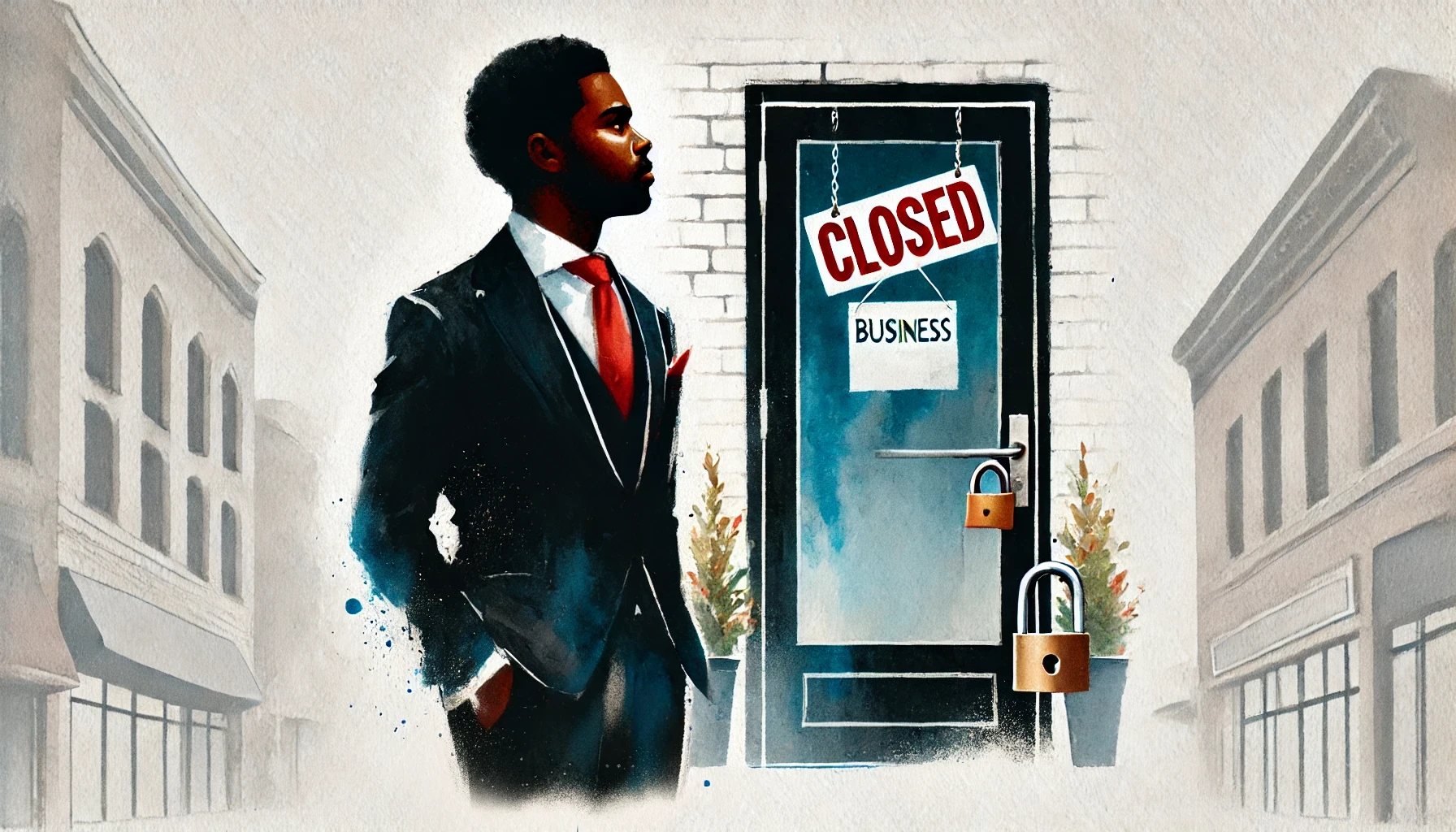 Black-entrepreneur standing-in-front-of-a-locked-business-door