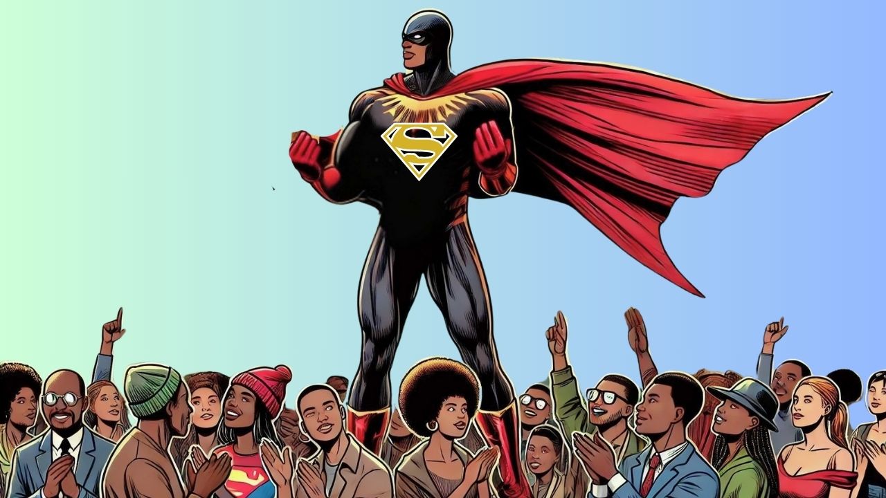 a blACK SUPER HERO STANDING OVER THE BLACK COMMUNITY